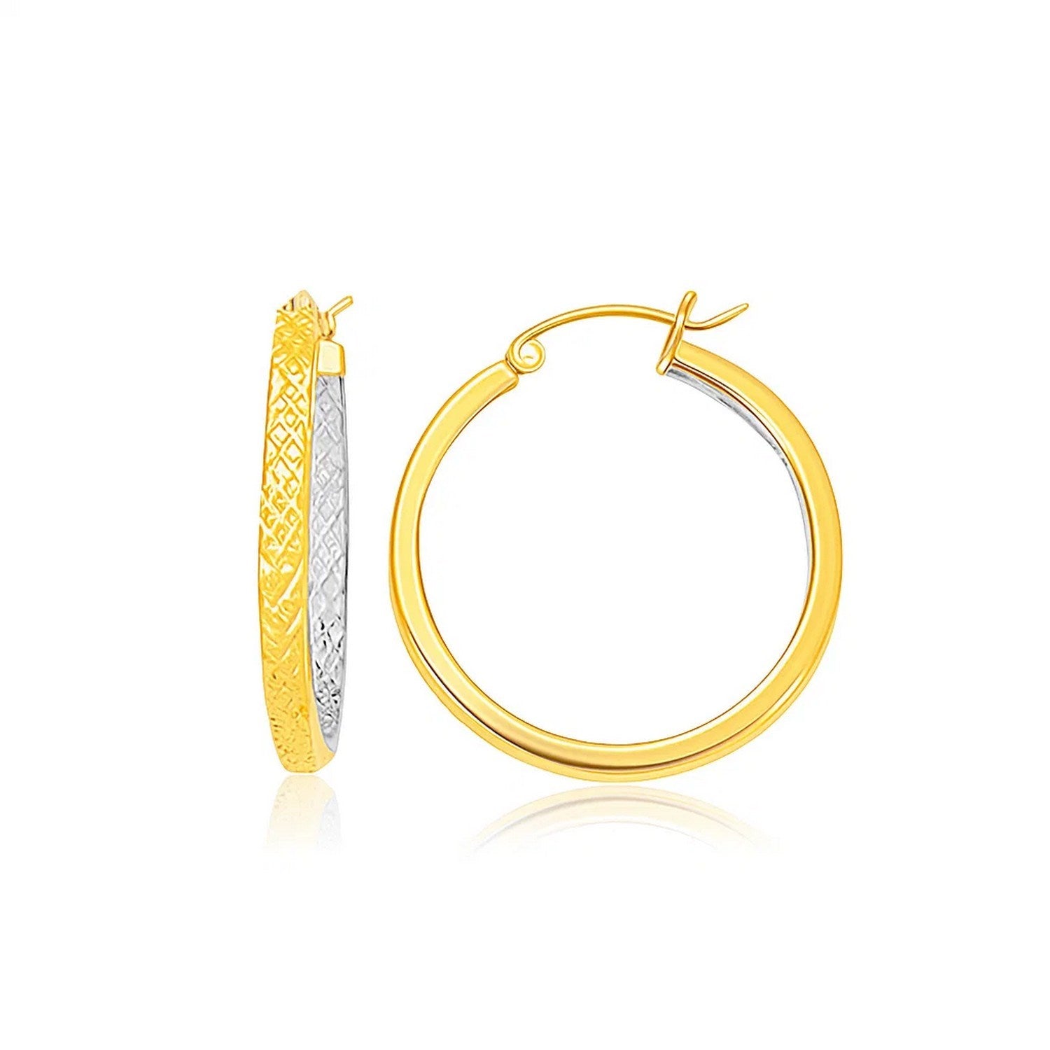 10K TwoTone Yellow and White Gold Petite Patterned Hoop Earrings(3x25mm) in a sleek high-contrast midnight luxury editorial s